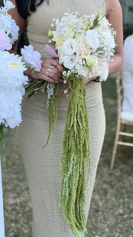 Bridal bouquet with trailing amaranthus