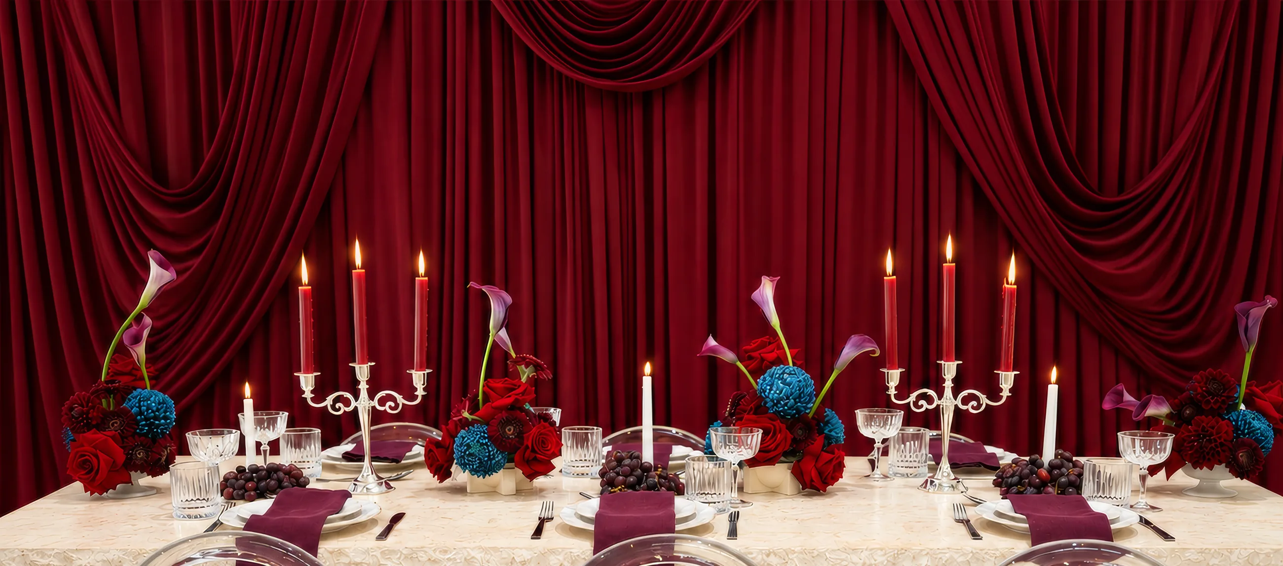 Long table styled by Chai & Spice with red candles, calla lilies and blue florals against draped red velvet
