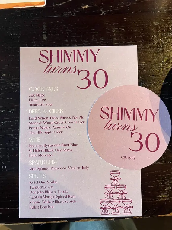 Shimmy Turns 30 cocktail menu card